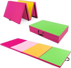 4'x10' Gymnastics Mat, 2" Thick Folding Tumbling Mat with Hook and Loop Fastener, Foldable Gym Mat with Carrying Handles, (Color: Green Yellow Pink)