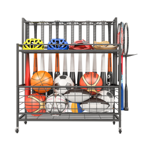 Sports Equipment Storage, Garage Sports Organizer, Baseball Bat Holder Holds 24 Bats Rolling Ball Cart with Wheels, Black (Color: Black)